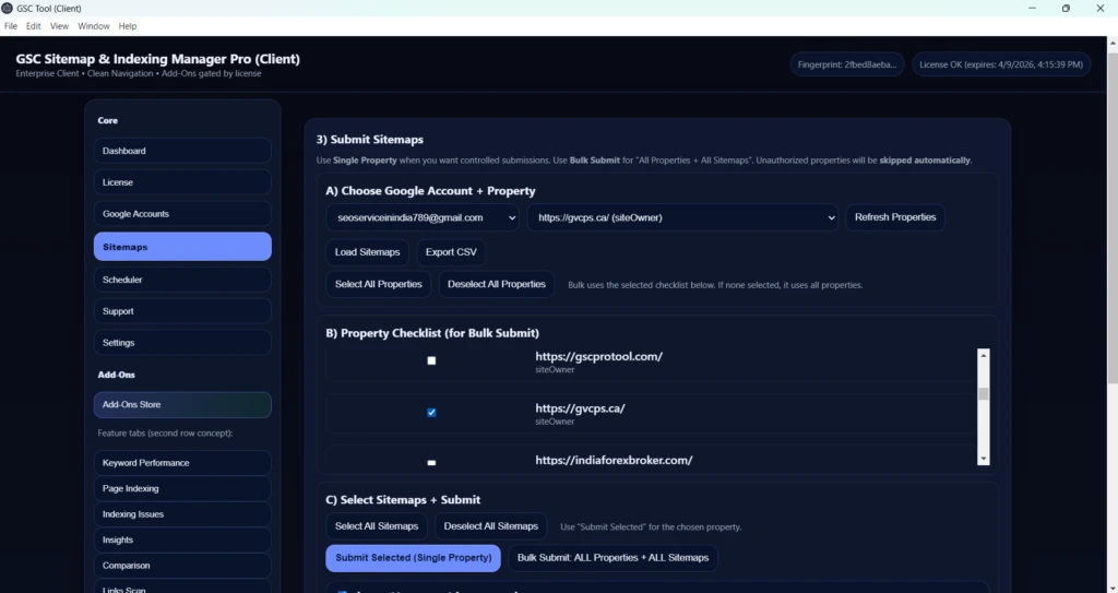 GSCProTool bulk sitemap submission interface
