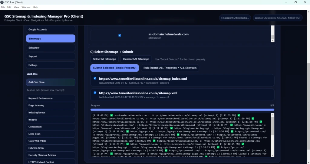 Automated bulk sitemap submission