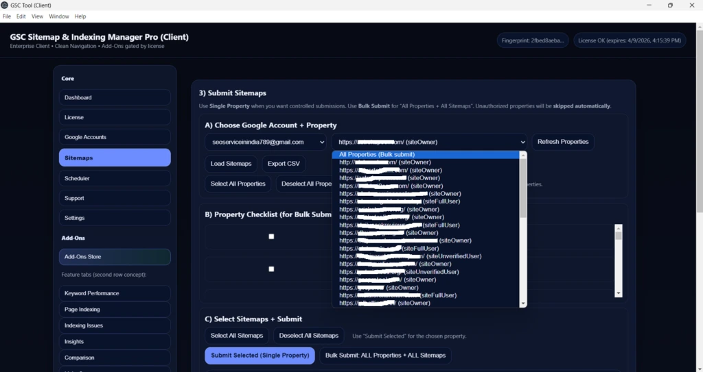 Multi-property sitemap management