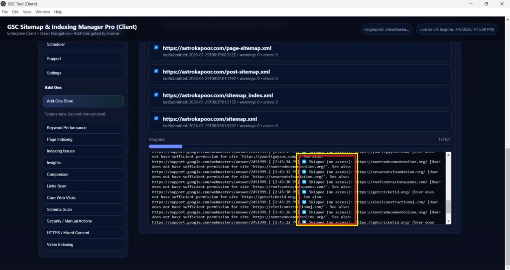 Sitemap status and indexing issue awareness