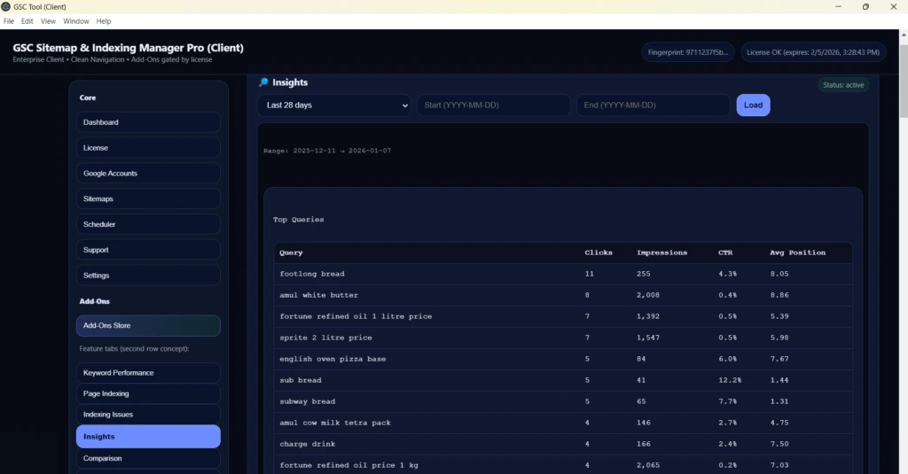 Technical SEO data export dashboard